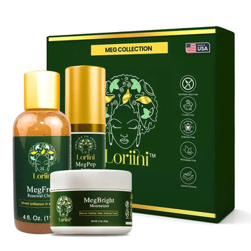 Loriini meg collection complete skincare set with dark green packaging featuring amber glass bottle and gold accents for skin brightening