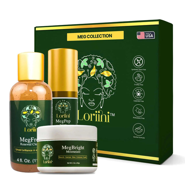 LORIINI Meg Collection | Complete Skincare Set with MegFresh Cleanser MegPep Serum MegBright Moisturizer | Includes Free Gua Sha Tool - Royalessencelux