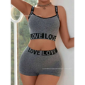 Gray heathered love letter camisole and leggings set with black love love lettering and thin shoulder straps