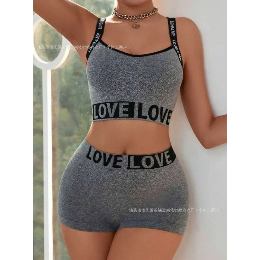 Gray heathered love letter camisole and leggings set with black love love lettering and thin shoulder straps