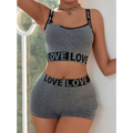 Gray heathered love letter camisole and leggings set with black love love bands across bust and waistband