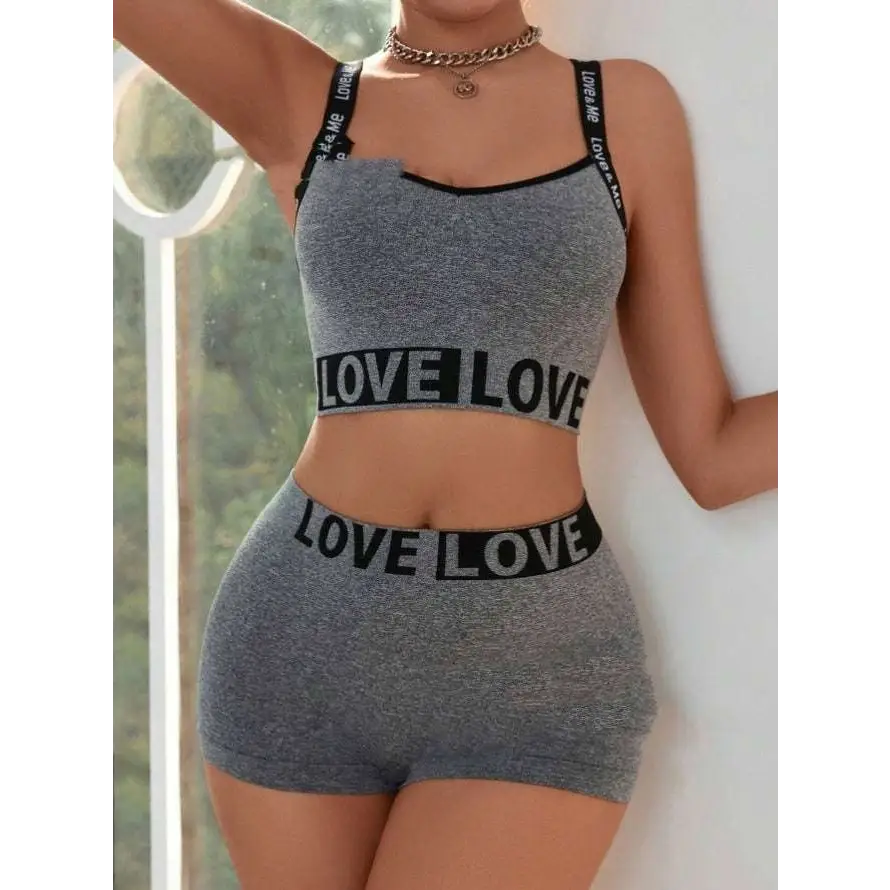 Gray heathered love letter camisole and leggings set with black love love bands across bust and waistband