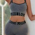 Gray heathered love letter camisole and leggings set with black elastic bands and bold white love lettering
