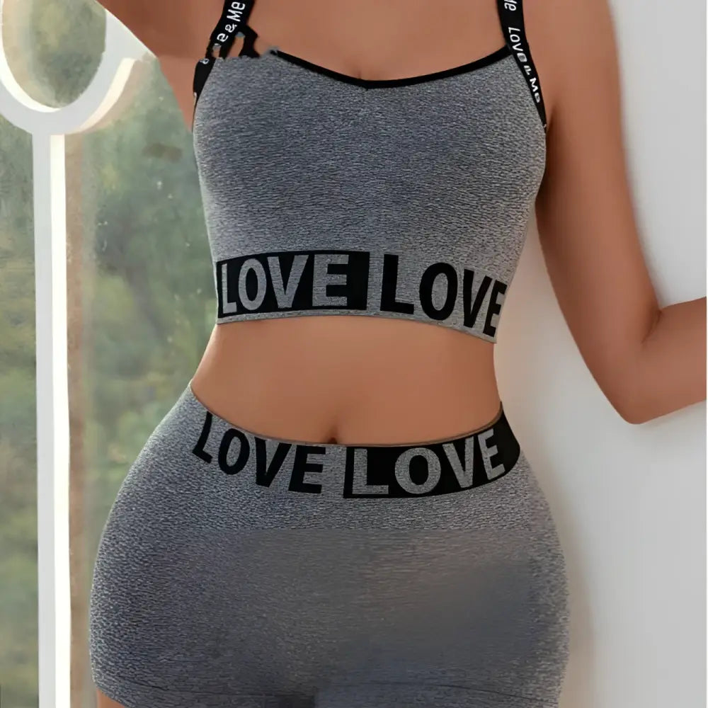 Gray heathered love letter camisole and leggings set with black elastic bands and bold white love lettering