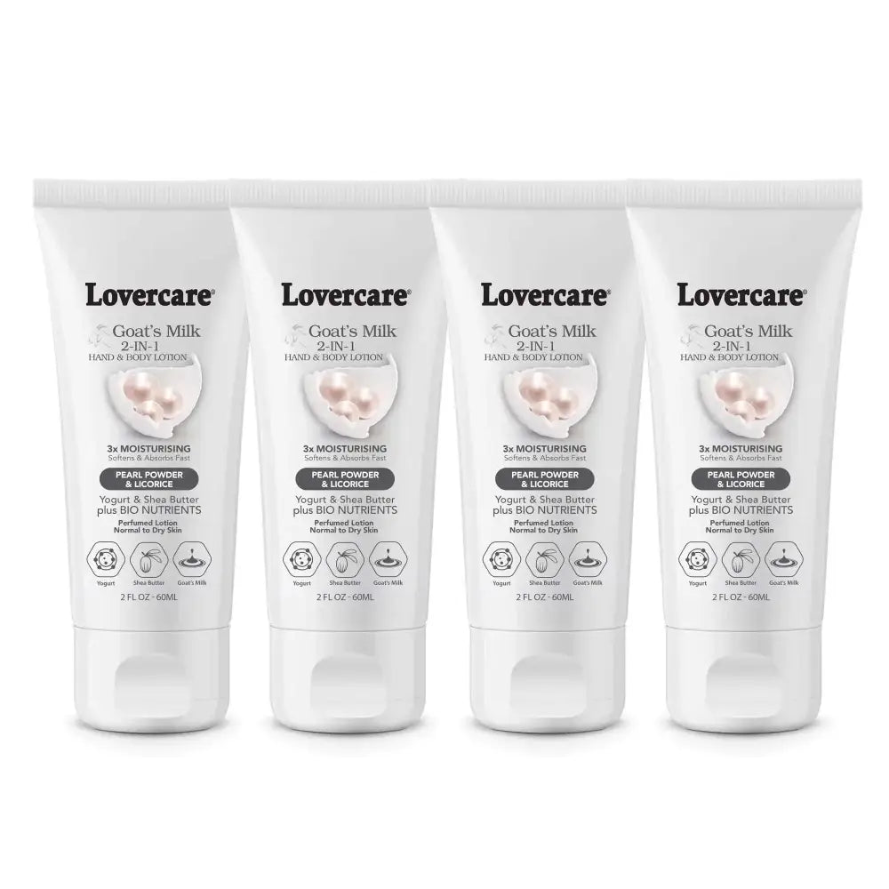 Four white tubes of lovers care goat 2-in-1 hand and body lotion with pearl powder for non greasy residue