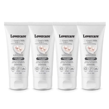 Four white tubes of lovers care goat 2-in-1 hand and body lotion with pearl powder and no greasy residue in 4 pack