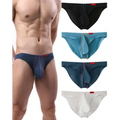 Low rise textured mens briefs in dark blue featuring pink stitching and a red brand tag on the front side
