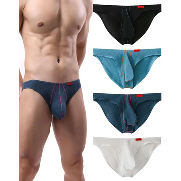 Low rise textured mens briefs in dark blue featuring pink stitching and a red brand tag on the front side