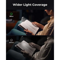 A sleek modern led book light with slim metallic body and adjustable beam on acrylic stand from lume lights usb