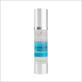 Silver-topped glass bottle of luminous face lift serum with vitamins a b c e and translucent blue label with pink peach logo