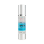 Silver-topped glass bottle of luminous face lift serum with vitamins a b c e and translucent blue label with pink peach logo