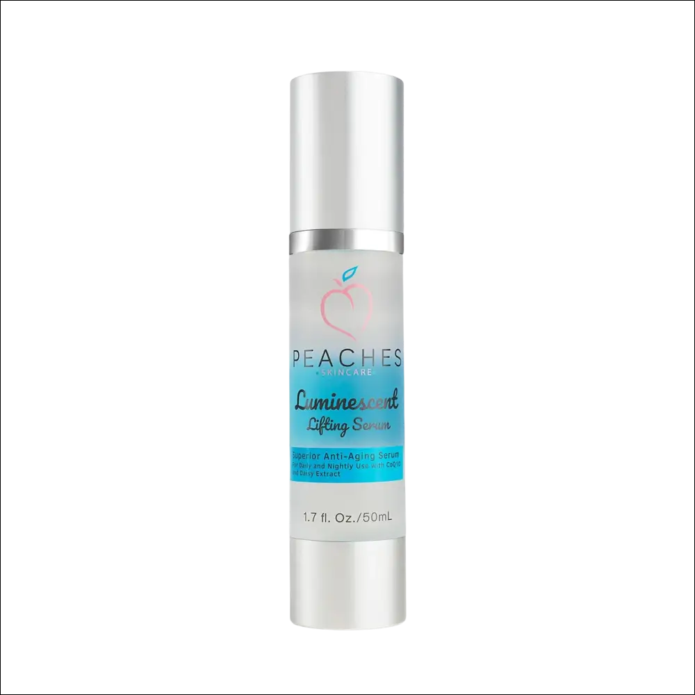 Silver-topped glass bottle of luminous face lift serum with vitamins a b c e and translucent blue label with pink peach logo