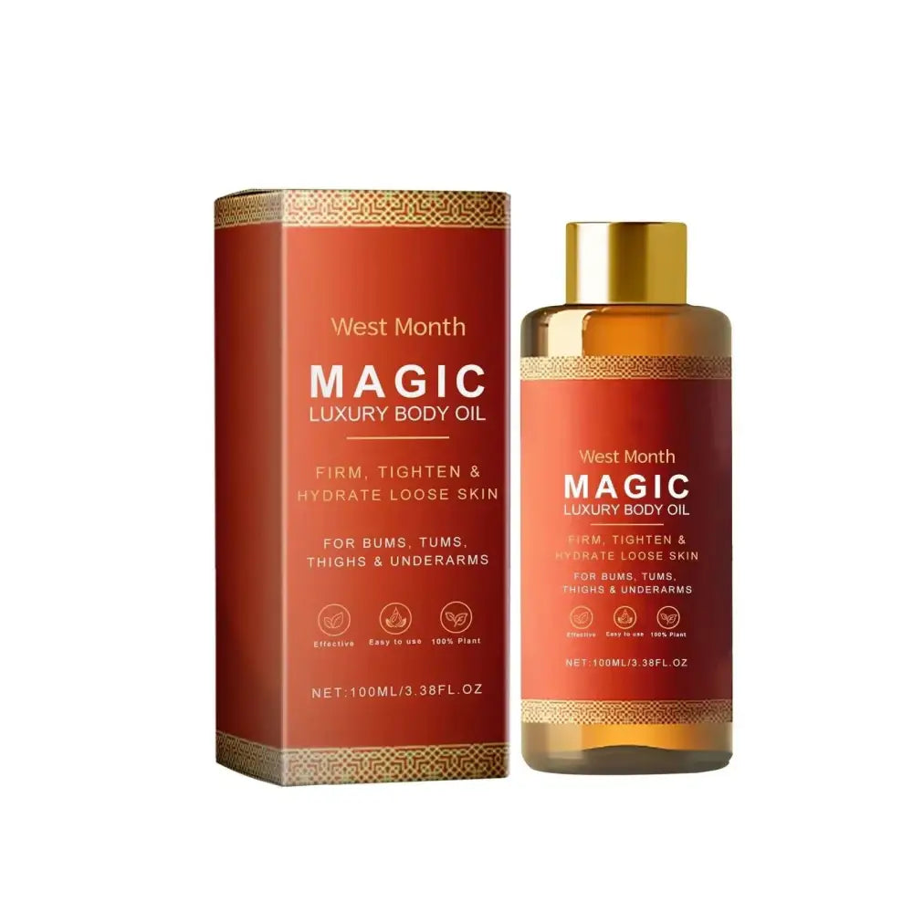Luxury amber soothing body oil by west month in 100ml amber glass bottle with gold cap and red box for firming skin
