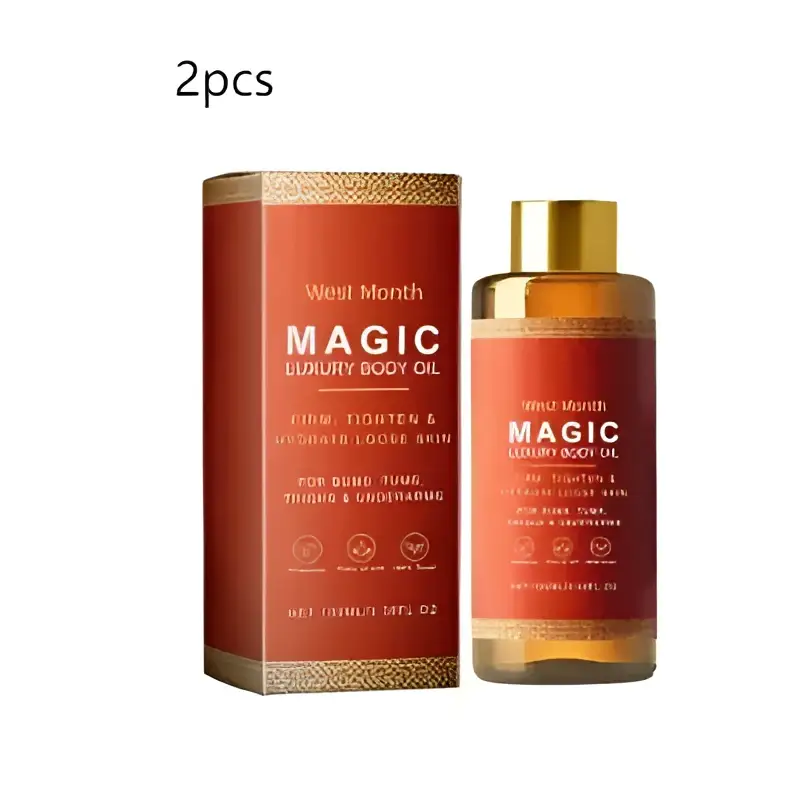West month magic luxury amber soothing body oil in a clear glass bottle with gold cap and red packaging containing amber oil
