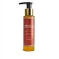 A sleek amber glass bottle with gold pump labeled magic luxury argan oil for luxury amber soothing body use