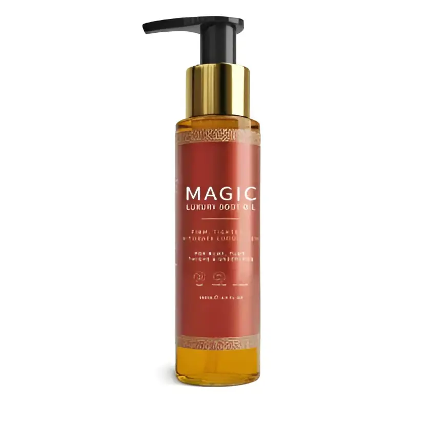 A sleek amber glass bottle with gold pump labeled magic luxury argan oil for luxury amber soothing body use