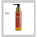 A sleek luxury amber soothing body oil bottle with gold pump and black cap labeled magic luxury body oil