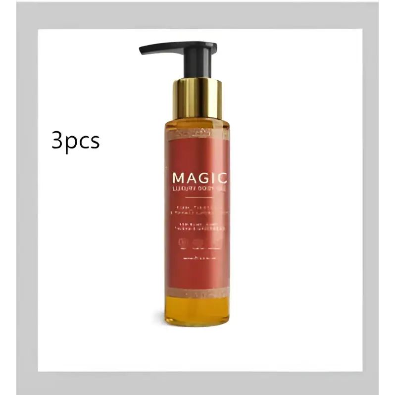 A sleek luxury amber soothing body oil bottle with gold pump and black cap labeled magic luxury body oil
