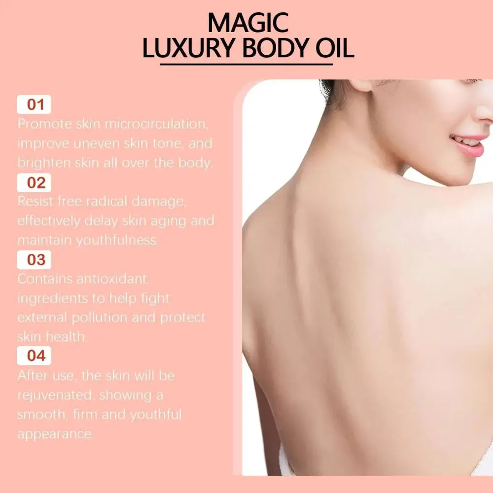 West month magic luxury amber soothing body oil in a clear glass bottle with gold cap and red packaging containing amber oil