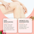 Pink and white label of luxury amber soothing body oil highlighting deep moisturizing and cell regeneration benefits