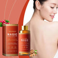 Luxury amber soothing body oil in a sleek amber glass bottle with gold cap and cranberry almond botanical accents