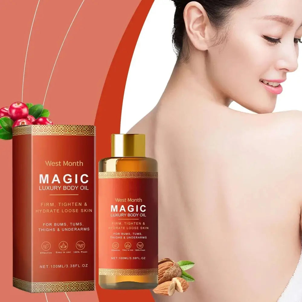 Luxury amber soothing body oil in a sleek amber glass bottle with gold cap and cranberry almond botanical accents