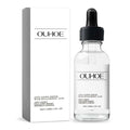 Clear glass luxury anti-aging serum bottle with black dropper cap and minimalist white ouhooe label for women