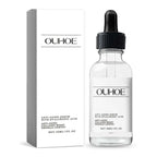 Clear glass luxury anti-aging serum bottle with black dropper cap and minimalist white ouhooe label for women
