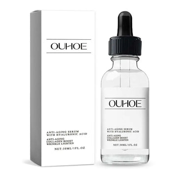 Clear glass luxury anti-aging serum bottle with black dropper cap and minimalist white ouhooe label for women