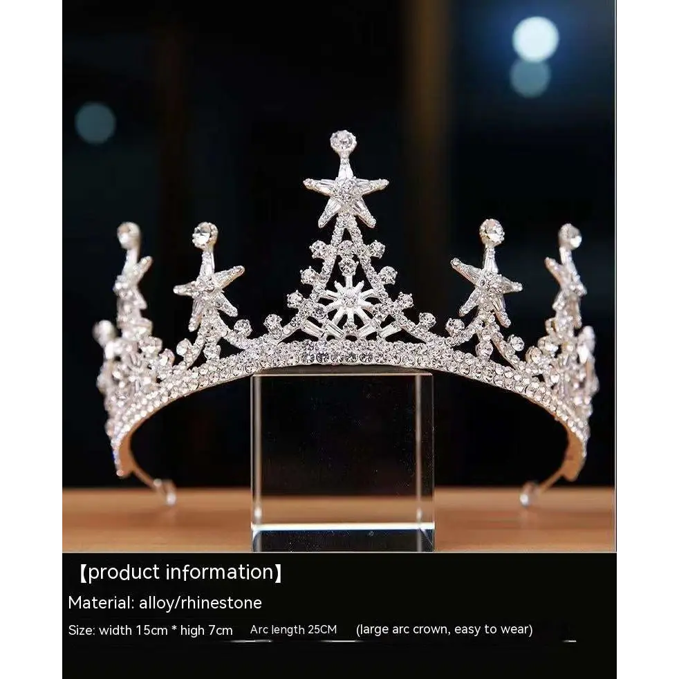 A luxury atmosphere bridal silver tiara with intricate star-shaped rhinestones and clear crystal embellishments