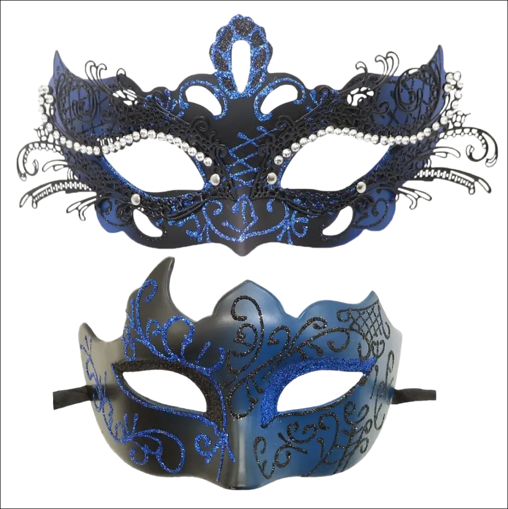 Elegant blue and black glitter masquerade masks with lace patterns and rhinestones for luxury women’s fashion events