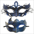 Elegant blue and black glitter masquerade masks with lace patterns and rhinestones for luxury women’s fashion events