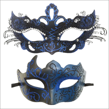 Elegant blue and black glitter masquerade masks with lace patterns and rhinestones for luxury women’s fashion events