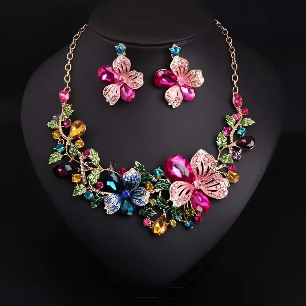 Luxury color flower crystal jewelry set featuring a vibrant multi-colored floral necklace with rhinestones and gold metalwork