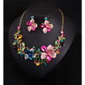 Luxury color flower crystal jewelry set featuring a vibrant multi-colored floral necklace with pink and blue gemstones