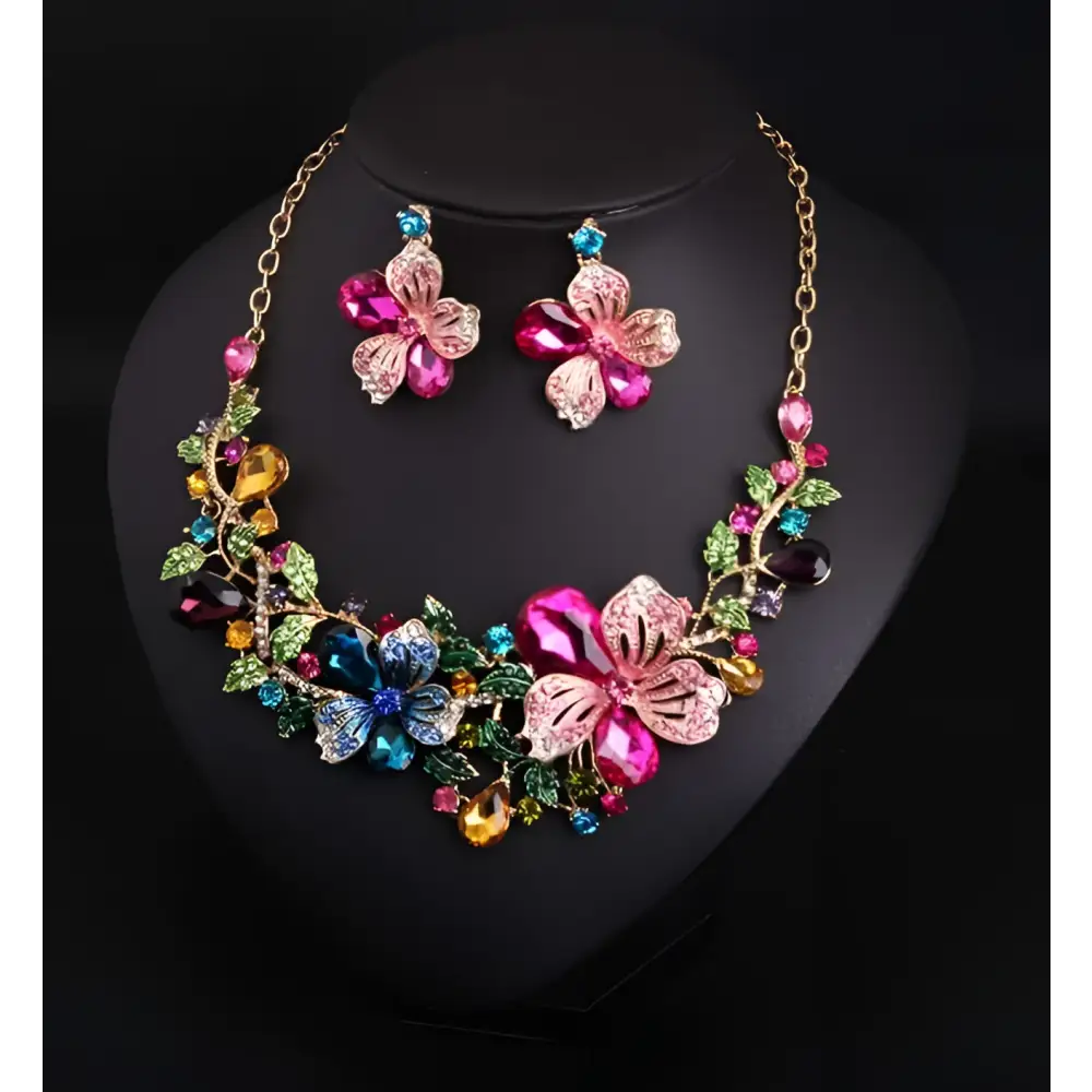 Luxury color flower crystal jewelry set featuring a vibrant multi-colored floral necklace with pink and blue gemstones