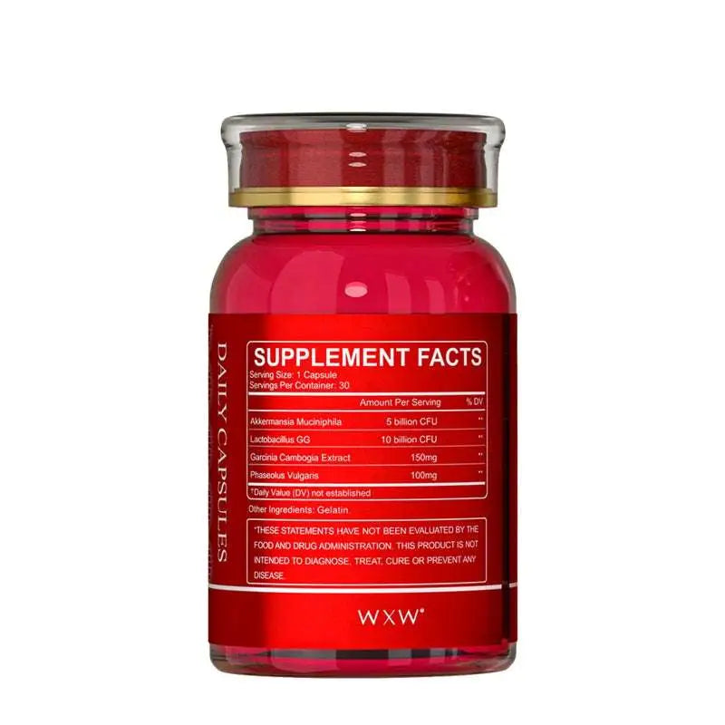 Red glass wxx brand luxury glp-1 capsules with clear cap and gold band labeled supplement facts for plus size dresses use