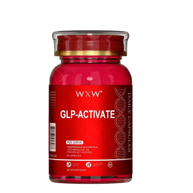 Red glass wxx brand luxury glp-1 capsules with clear cap and gold band labeled supplement facts for plus size dresses use
