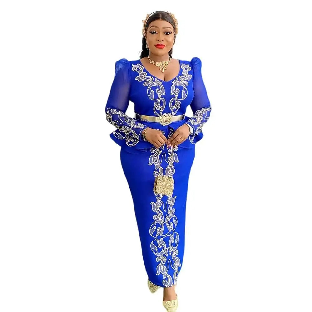 Luxury rhinestone beaded royal blue satin gown with intricate silver embroidery and puffed sleeves formal dress