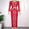 Luxury rhinestone beaded peplum formal dress in red with gold embroidery and sheer puffed sleeves