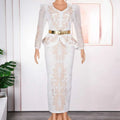 White lace luxury rhinestone beaded peplum formal dress with gold embroidery and matching belt for elegant occasions