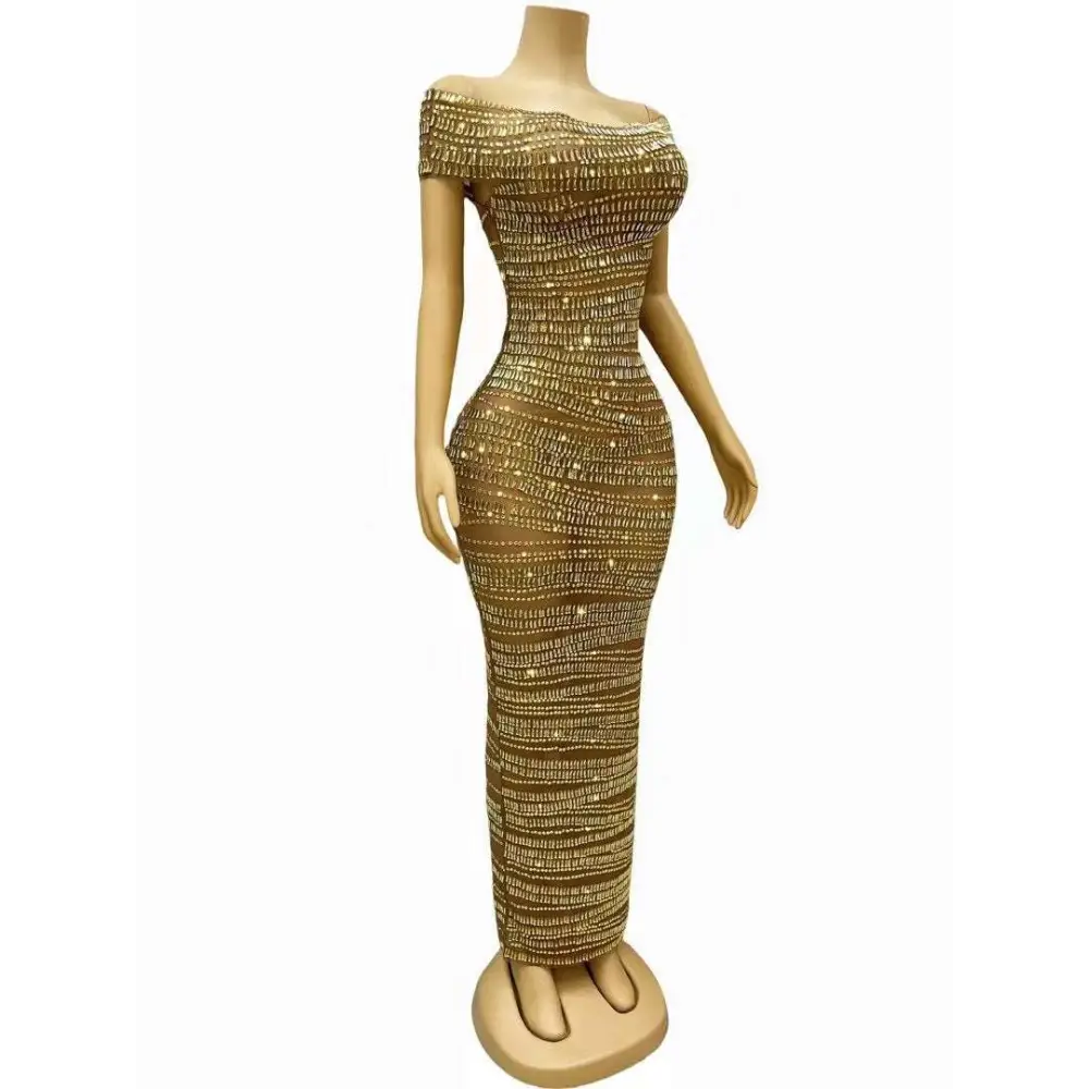 Luxury shiny rhinestone gold beaded off the shoulder maxi dress with a form fitting silhouette and bodycon design
