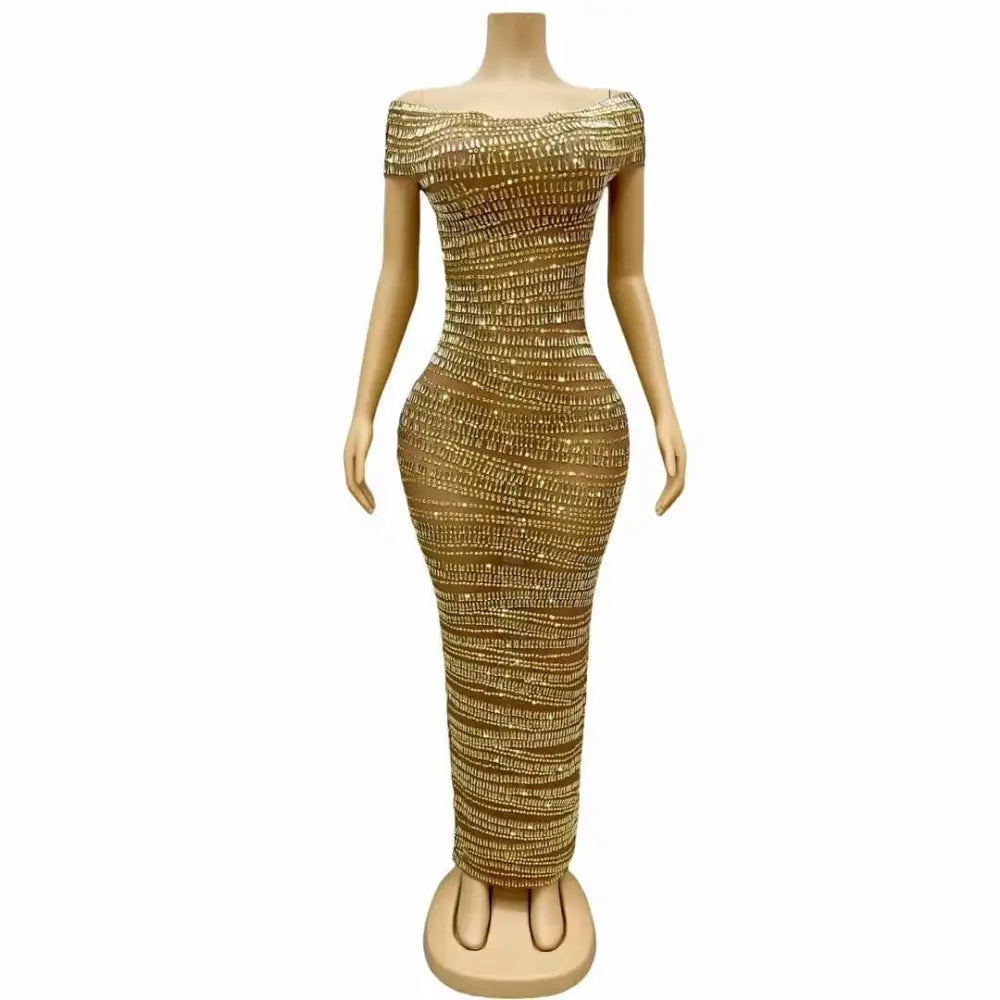 Luxury shiny rhinestone gold beaded off-the-shoulder bodycon dress with fitted silhouette and short sleeves