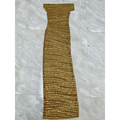 A luxury shiny rhinestone gold beaded off-the-shoulder maxi dress with a textured ribbed knit pattern