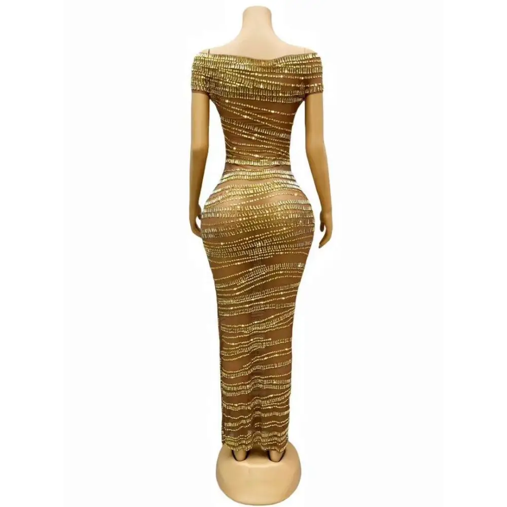 A luxury shiny rhinestone gold beaded off-the-shoulder maxi dress with a form-fitting silhouette and horizontal beadwork