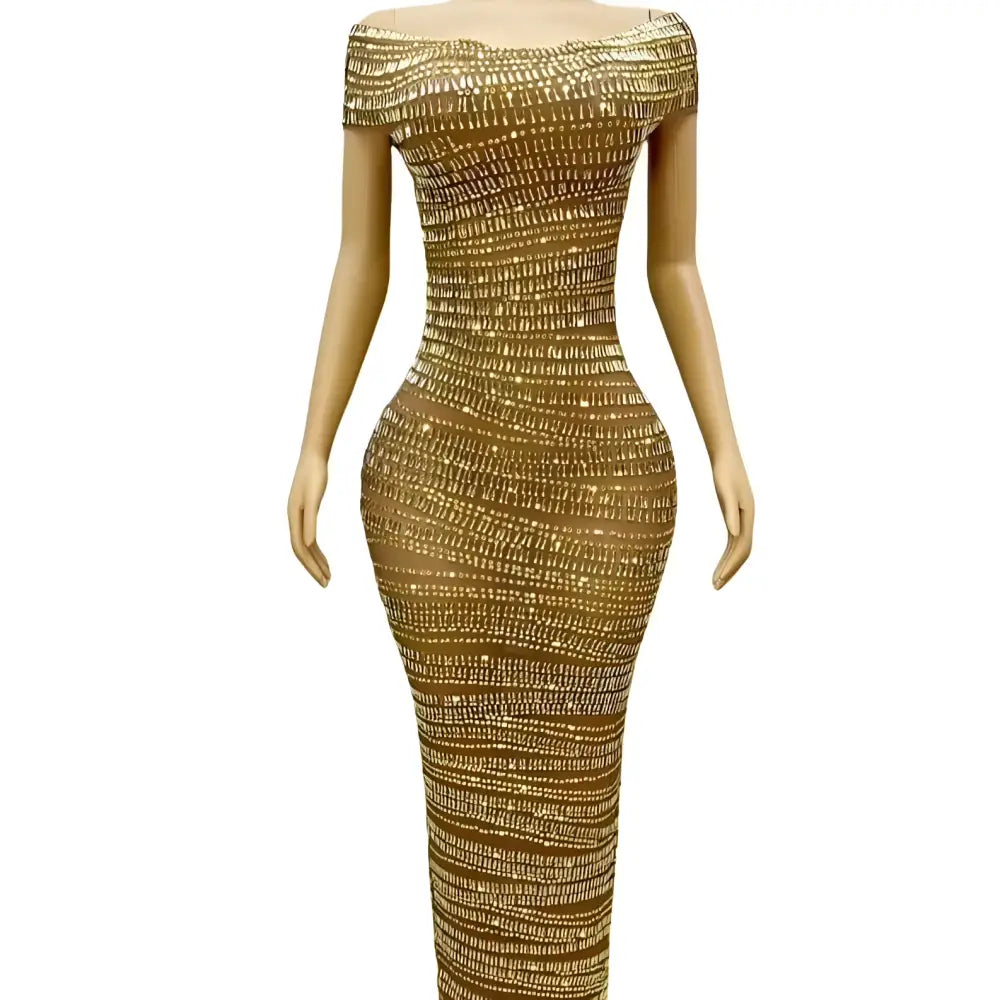 Luxury shiny rhinestone gold beaded off-the-shoulder bodycon dress with fitted silhouette and short sleeves