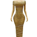 Luxury shiny rhinestone gold beaded off-the-shoulder bodycon dress with fitted silhouette and short sleeves