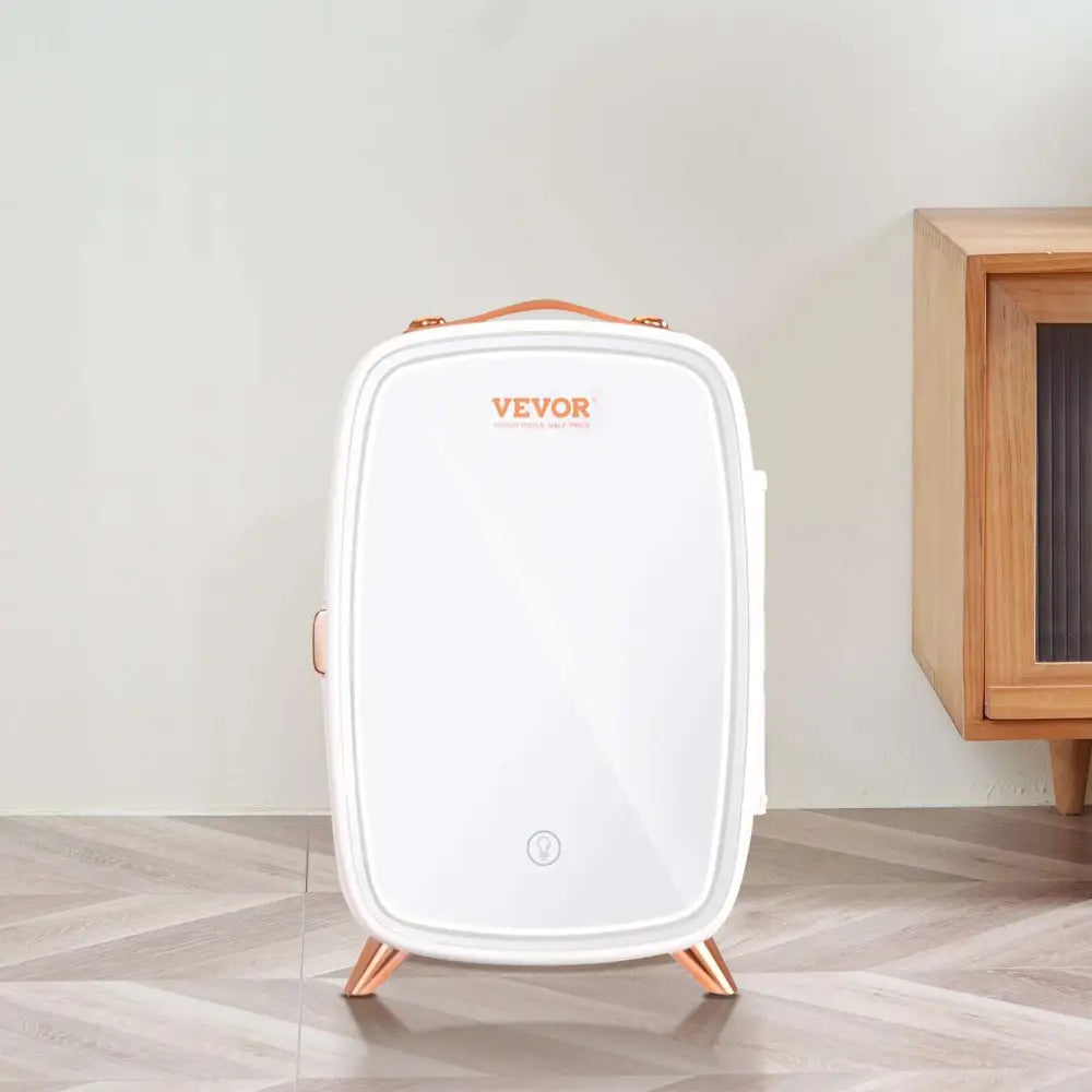 White vevor luxury skin care 6l mini fridge with rose gold accents and sleek modern design with mirror panel