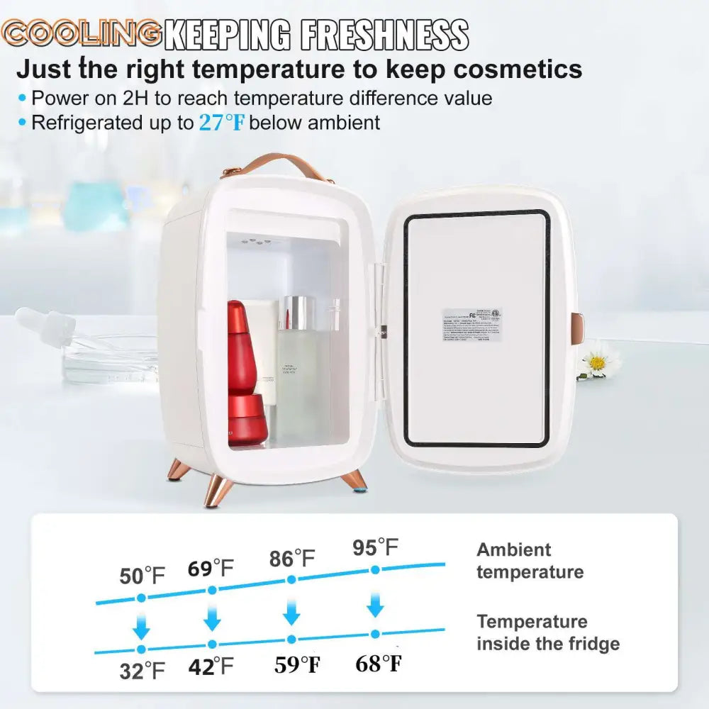 White vevor 6l mini beauty fridge with rose gold accents designed for luxury skin care product chilling with mirror