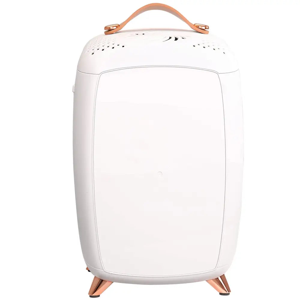 White luxury skin care mini fridge with rose gold accents leather handle and matching legs by vevor mini fridge